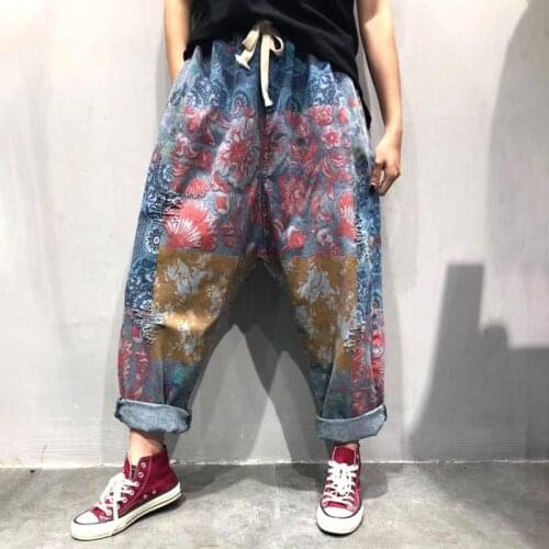 Women Spring Elastic Waist Printed Holes Patchwork Denim Pants Jeans Vintage Ladies Retro Print Loose Ripped Holes Trousers