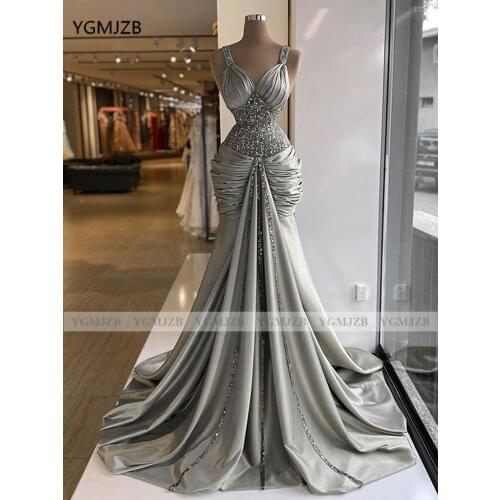 Elegant Women Silver Long Evening Dresses 2021 Mermaid V-Neck Beaded African Blck Girls Formal Party Prom Gowns