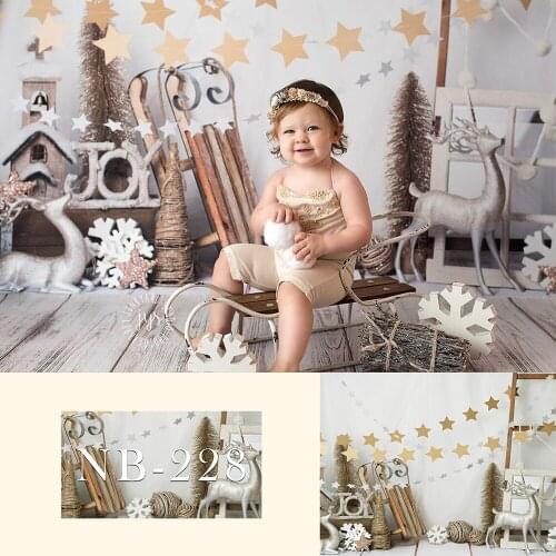 Winter Baby Birthday Portrait Christmas Tree Reindeer Snow Stars Torys Backdrop Photographic Photo Background for Photo Studio