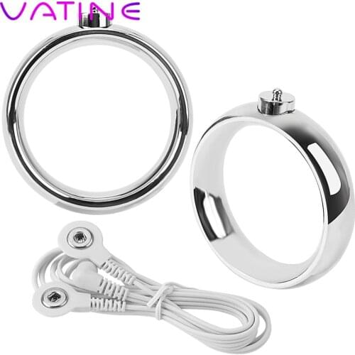 VATINE Electric Shock Penis Rings Stainless Steel Male Chastity Cock Rings Delay Ejaculation Sex Toys for Men Adult Games