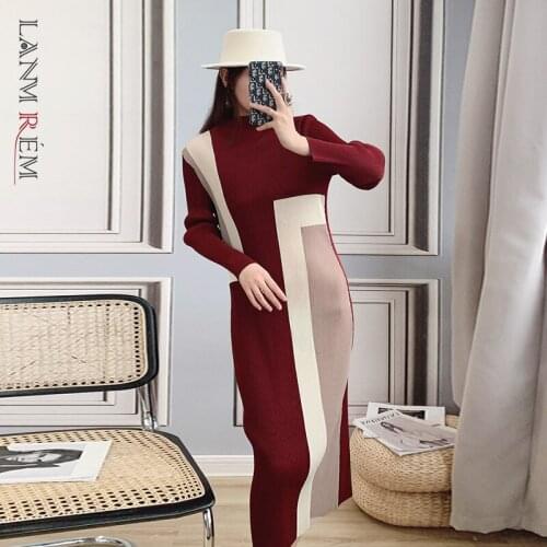 LANMREM 2021 Autumn Pullover Color Block Patchwork Pleated Dresses For Women Mid-calf Length Temperament Dress Famale 2A2879