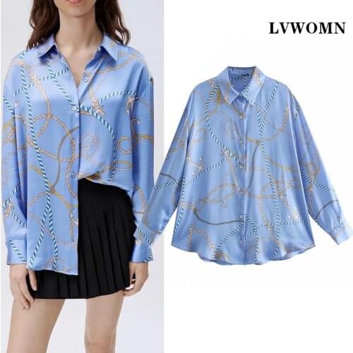 LVWOMN Za Summer Women Blouses 2021 Fashion Print Lapel Long Sleeve Shirt Woman Clothes Chic Buttons Casual Vintage Female Shirt