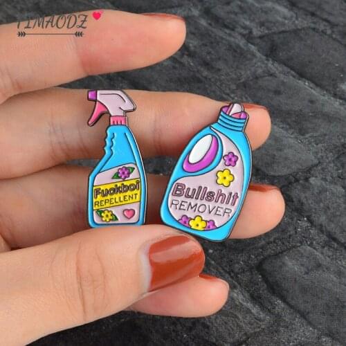 FIMAODZ Fashion Bullshit Remover Brooch Funny Blue Pink Cleaning Detergent Spray Pin Cartoon Bag Clothes Badge Enamel Pins