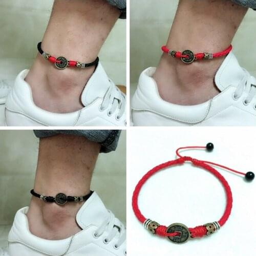 Fashionable Red Rope Retro Coin Ankle Bracelet Adjustable Handmade Braided Rope Coin Charm Anklet 2021