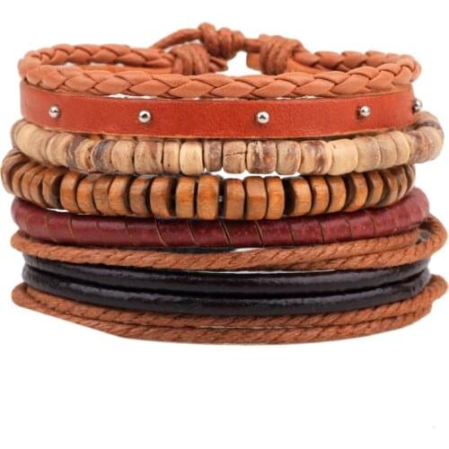 Brown Punk 5 Pcs/set Beads Charm Handmade Woven Men Leather Bracelets Women Vintage Bangle Male Homme Men Jewelry Accessories
