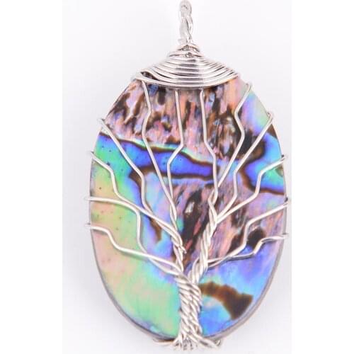 Natural Stone Oval Abalone Shell Pendant Copper Line Wrapped Tree of Life Necklace for Women Charm Jewelry D531