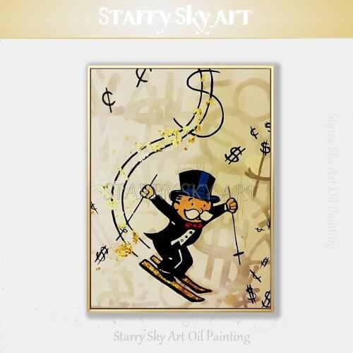 New Arrival Artist Hand-painted High Quality Rich Man Skiing Oil Painting Special Ski Gold Foil Oil Painting for Wall Decoration