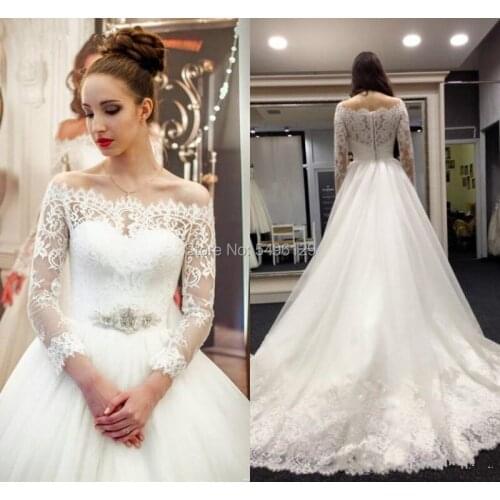 Newest Winsome Lace Long Sleeves Wedding Dresses with Beaded Sash Off the Shoulder A Line Bridal Wedding Gowns Sweep Train