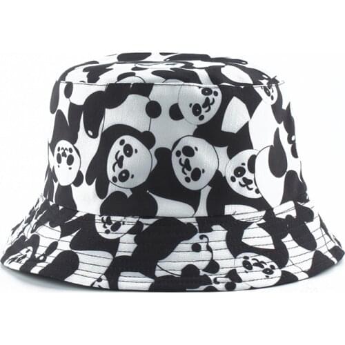Cartoon Panda Funny Black White Bucket Hat For Men Women Panama Fisherman Caps Summer Cow Print Fishing Bucket Sun Hat