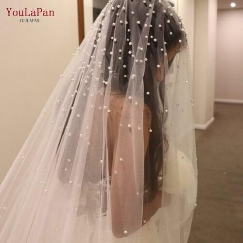 YouLaPan V08 Luxury Cathedral Bridal Veil Pearl Tulle Face Veil Handmade White Ivory Bridal Head Veil Wedding Accessories
