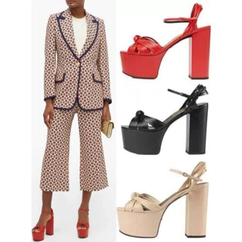 Large size thick heel platform woman sandals knotted open toe chunky heel platform sandal buckle knotted platform sandal size 42