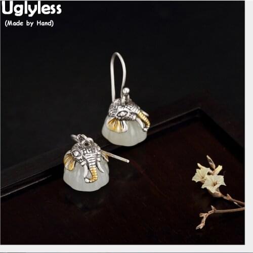 Uglyless Handmade 100% Real Solid 925 Silver Elephant Earrings for Women Thai Silver Fine Jewelry Jade Lotus Earrings Gemstones