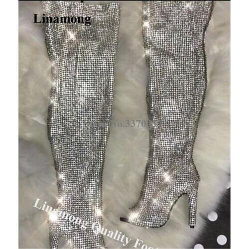Linamong Bling Bling Peep Toe Sliver Rhinestone Stiletto Heel Over Knee Boots Shining Back Zipper-up Crystal Long High Heel Boot