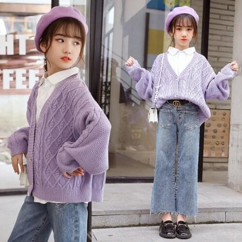 Girls Sweater Coat Autumn Kids Cardigan Purple Tops Fashion Girls Outerwear Childrens Clothing Girls Cardigan 10 12 13 Years