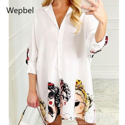 Wepbel Loose Shirt Dress Long Sleeve White Shirts Tops Women Portrait Print Half Sleeve Summer Streetwear Sexy Mini Shirt Dress
