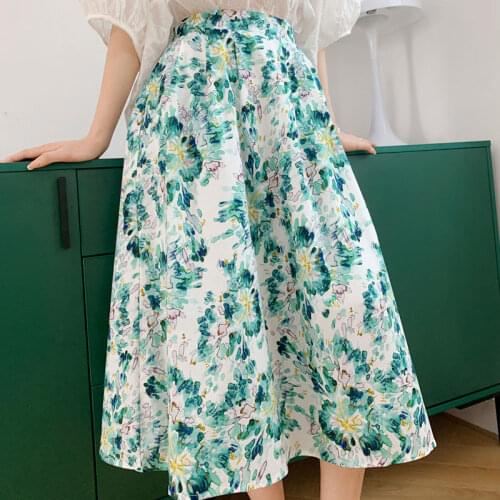 2021 Summer Women Skirts High Waist Sweet Floral Print A-Line Skirts Femme Mujer Faldas Jupe Elegant Skirt Oil Painting Outwear