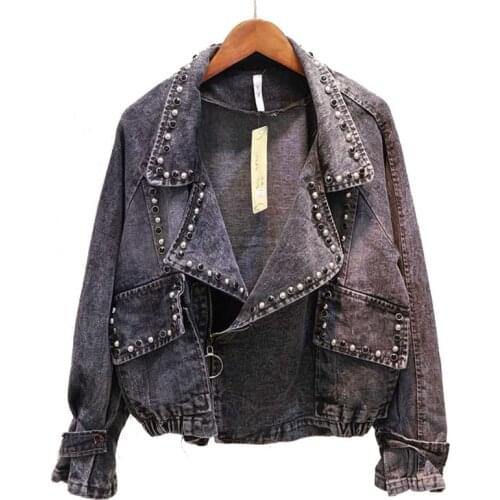 PERHAPS U Womens Short Cropped Denim Blue Jacket Button Long Sleeves Jean Notch Collar Pocket Rivet C0110