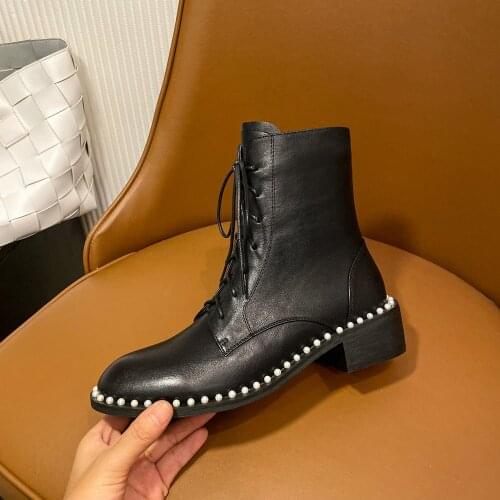 QZYERAI New winter Genuine leather Women boots ankle Short boots Pearl edge Female boots fashion Women shoes