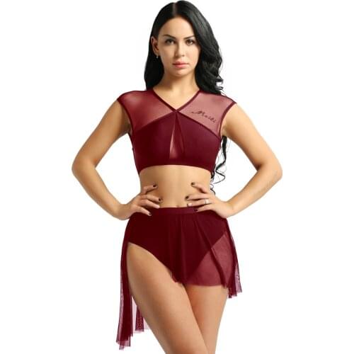 New Summer 2 Pieces Outfits Women Asymmetric Contemporary Ballet Dance Outfits Sleeveless Criss Cross Crop Tops with Short Skirt