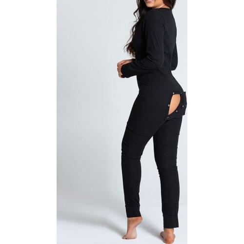 Women Sexy Jumpsuit Long-Sleeved Homewear Bodycon Open Crotch One-Piece Pajamas V-Neck Home Clothes Sleepwear