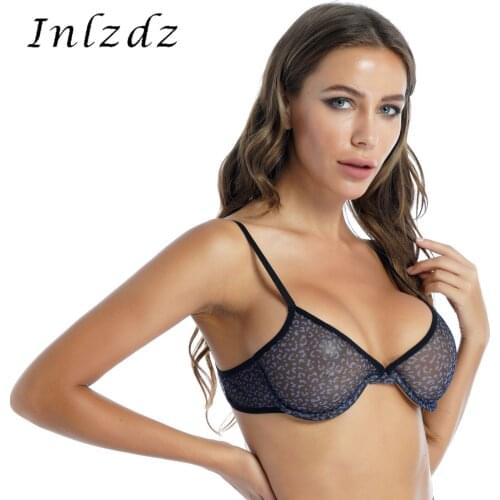 Womens Lingerie Hot Bra Top See-through Mesh Unlined Underwire Leopard Print Bra Adjustable Shoulder Straps Bikini Top Underwear