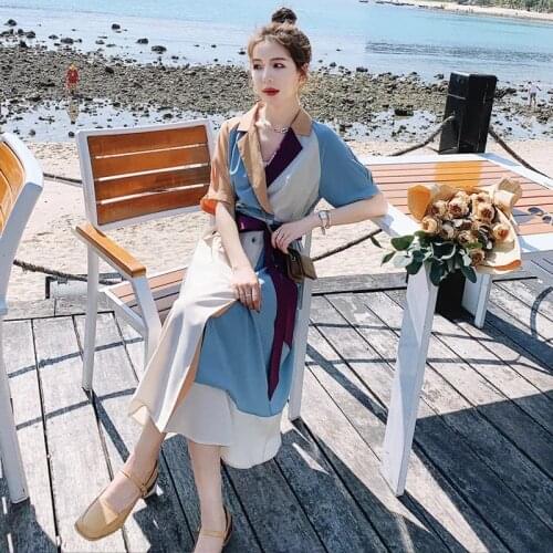 2021 Summer Casual Short Sleeve Patchwork Women Shirt Dress Chic Office Notched Collar Ladies Maxi Dresses Button Up Female Robe