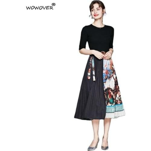 Elegant Designer Half Sleeve Vintage Print Patchwork Midi Knitting Dress Autumn Womens Clothing Belt Casual Female Vestidos