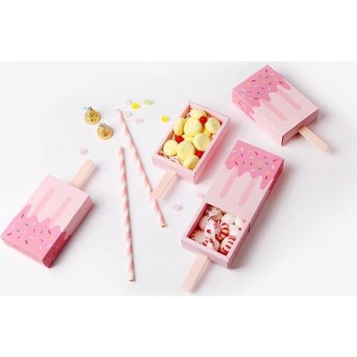 2PC Ice Cream Shape Gift Candy Boxes Popsicle Candy Folding Paper Box Cartoon Drawer Pink Yellow Gift Bags Kids Party Cute Box