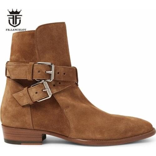 2018 New High Cost Handmade Camel suede Genuine Leather Dual Buckle Strap Wedge Men Ankle Boots Pointed Toe Luxury Boots