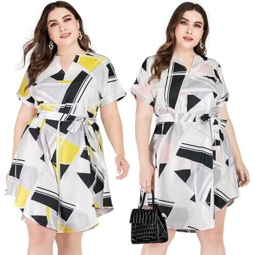 2020 summer sexy women v-neck printing plus size knee-length dress XL-4XL