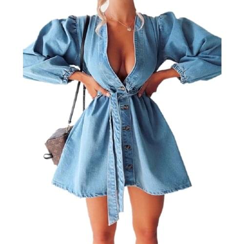 2021 Womens Big Swing and Clothing New Fashion Womens Ladies Sexy Dresses Long Sleeve Cardigan V-Neck Denim Midi Dress