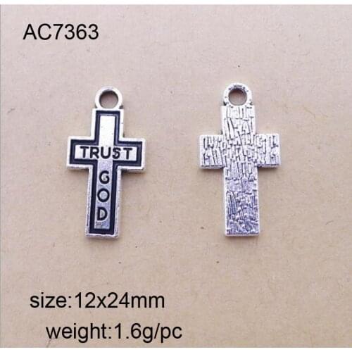25pcs/lot Antique Silver Color Alloy 24x12mm Crosses With Word Trust God Charm For DIY Jewelry Making