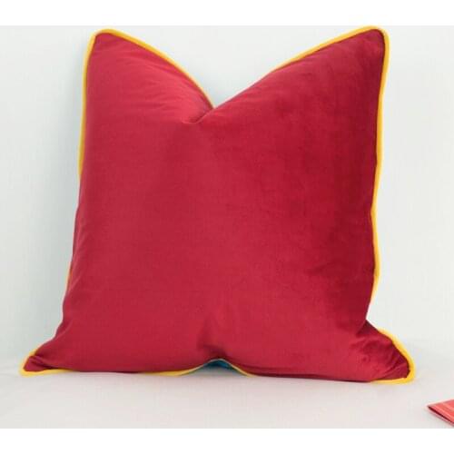 3 Colors Velvet Cushion Cover Lake Blue Red With Bright Yellow Piping Pillow Case Soft No Balling-up Without Stuffing