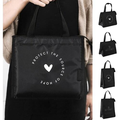 Black Simple Student Lunch Bag Lunch Insulation Bag Oxford Cloth Waterproof Thickened Lunch Insulation Box Tote Bag Storage Tool