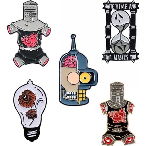 Black horror Brooch Enamel Pin Skull hourglass Broken robot Black Knight Ghost flower bulb Gothic badge jewelry Halloween Gift