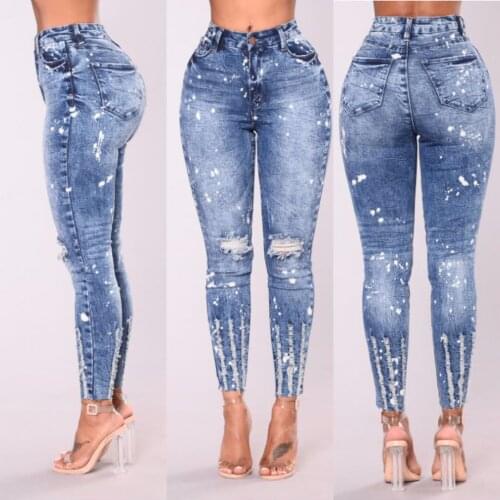 2018 Boyfriend Spring Skinny Hole Faded Wash Jeans Blue Mid Waist Zipper Fly Plain Denim Jeans Women Casual Trousers