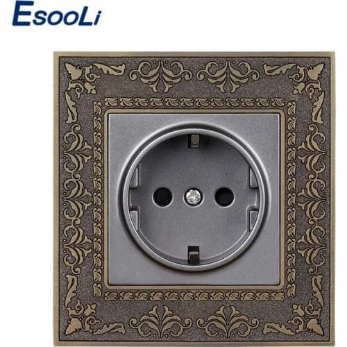 Esooli 16A EU Standard Power Socket 4D Embossing Retro Zinc Alloy Panel Wall Power Socket AC 110~250V
