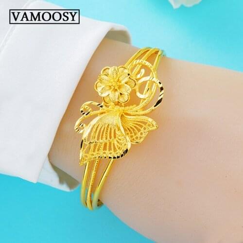 Exquisite Hand Made Carving Flower Shape Cuff Bangle Bracelet for Women Pure 24K Gold Open Bracelet Fashion Jewelry Wholesale