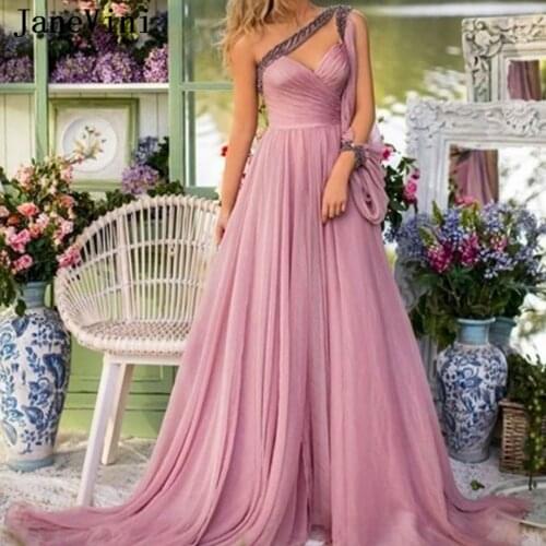 JaneVini 2021 Dusty Pink Chiffon A Line Long Evening Dresses One Shoulder Beading High Side Split Backless Sexy Dress Jurk Dames