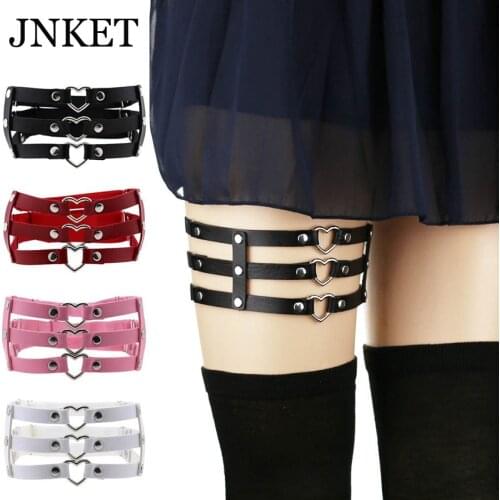 JNKET New Punk Three Row Peach Heart Garter Belt Gothic PU Leather Leg Belt Womens Garters Strap Suspender Elastic Leg Ring