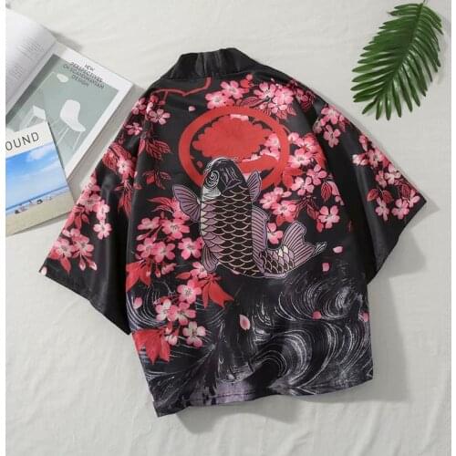 Japanese Style Black Kimono Cardigan Women Men Japanese Obi Male Yukata Mens Haori Japanese Wave Carp Print Coat Traditional