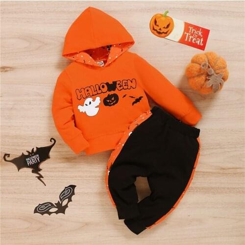 Kids Halloween 2Pcs Tracksuit, Letters Hooded Long Sleeve Sweatshirt + Splicing Casual Pants for Boys, Girls, 1-4Years