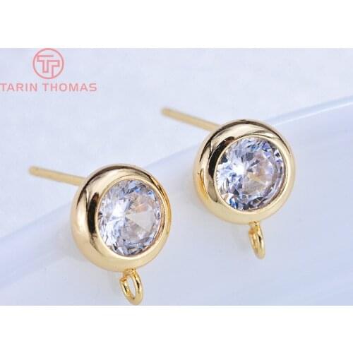 6PCS 6MM 7MM 24K Gold Color Brass With Zircon Round Stud Earrings High Quality Jewellery Findings Accessories