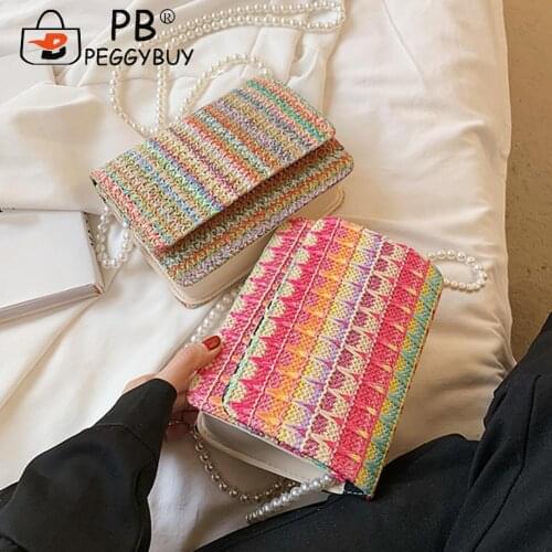 Fashion Women Mini Shoulder Bag Bohemian Beach Woven Vacation Pearl Chain Purse Summer Women Girls Small Beach Handbag