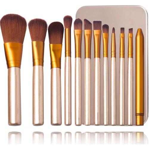 12Pcs/Set Makeup Brushes Tool Set Multifunctional Smooth Surface Portable Gold Wood Handle Cosmetic Make Up Beauty Brush Kit