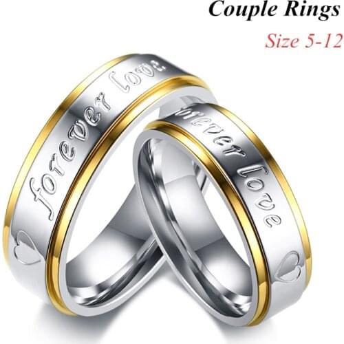 Couple Ring - Forever Love Ring 6mm Stainless Steel Gold Ring Mens And Womens Wedding Anniversary Ring