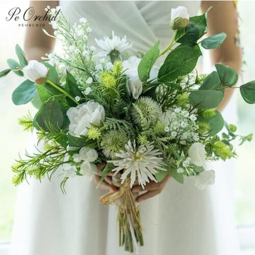 PEORCHID White Green Bride Bouquet Ramos De Novia Fake Bouquet Artificial Wedding Decoration Flowers For Bridesmaid