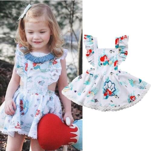 1-5 Years Little Girls Mermaid Print Dress Backless Ruffles Sleeveless Summer Dress For Girls Party Cartoon Sundress