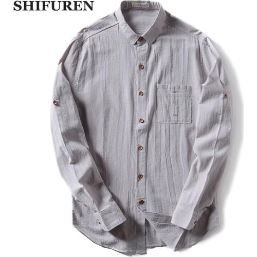 SHIFUREN Causal Men Cotton Shirts Long Sleeves Turn Down Collar Traditional Chinese Style Male Linen Cotton Shirts Size M-4XL