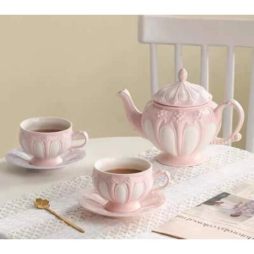 Nordic Romantic Afternoon Coffee Teapot Retro Royal Cup Saucer Emboss Tea Set Household Office Drinkware
